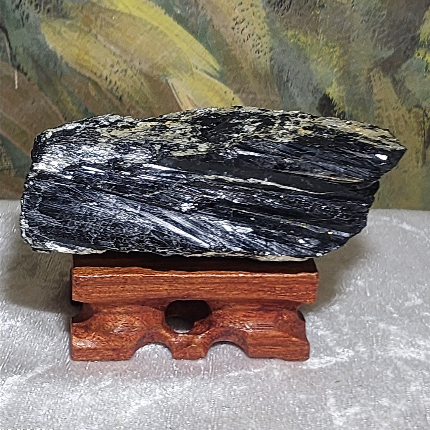 372g Raw Black Tourmaline with silvery Mica co-growth, very reflective surface handheld decor display [Natural Crystal] 天然黑碧玺原石带云母片超亮皮