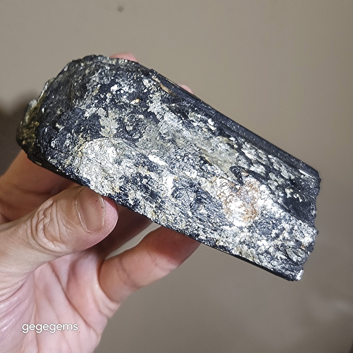 372g Raw Black Tourmaline with silvery Mica co-growth, very reflective surface handheld decor display [Natural Crystal] 天然黑碧玺原石带云母片超亮皮