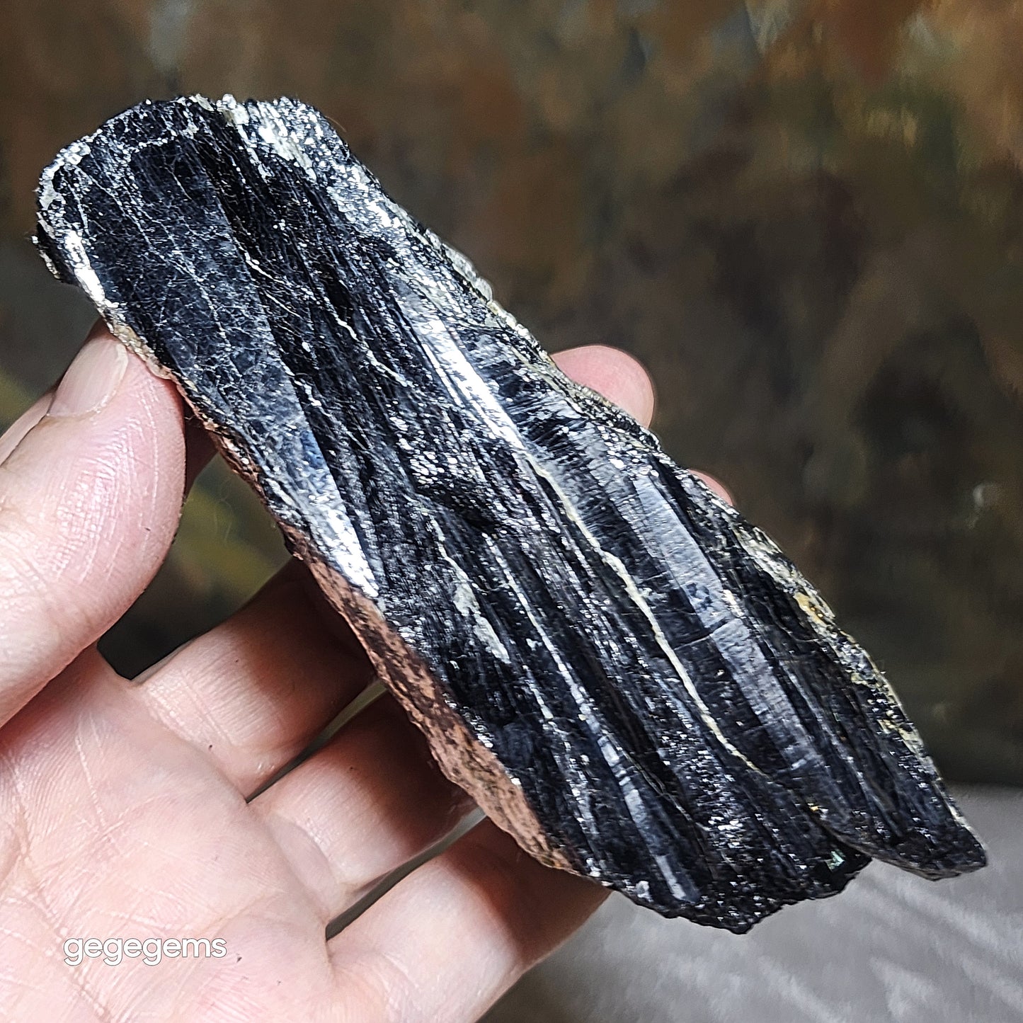 372g Raw Black Tourmaline with silvery Mica co-growth, very reflective surface handheld decor display [Natural Crystal] 天然黑碧玺原石带云母片超亮皮