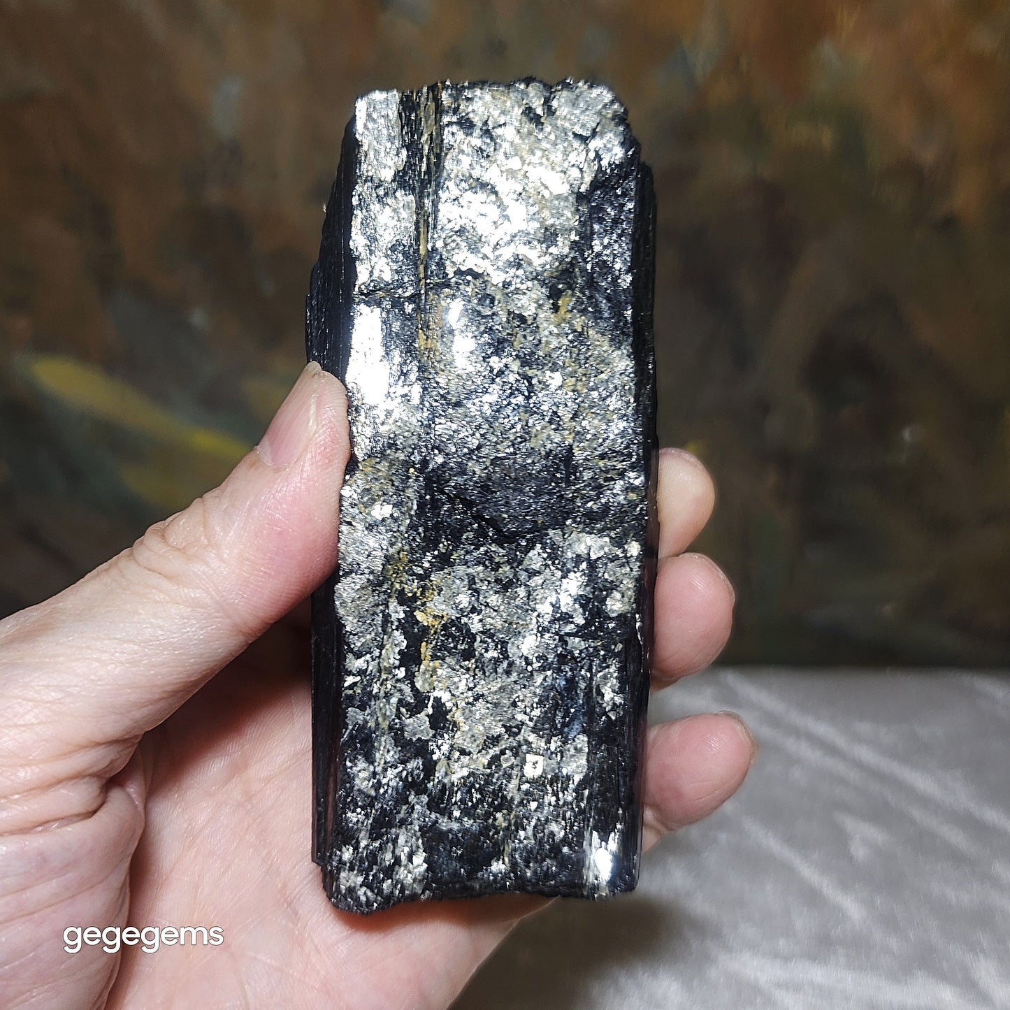 372g Raw Black Tourmaline with silvery Mica co-growth, very reflective surface handheld decor display [Natural Crystal] 天然黑碧玺原石带云母片超亮皮