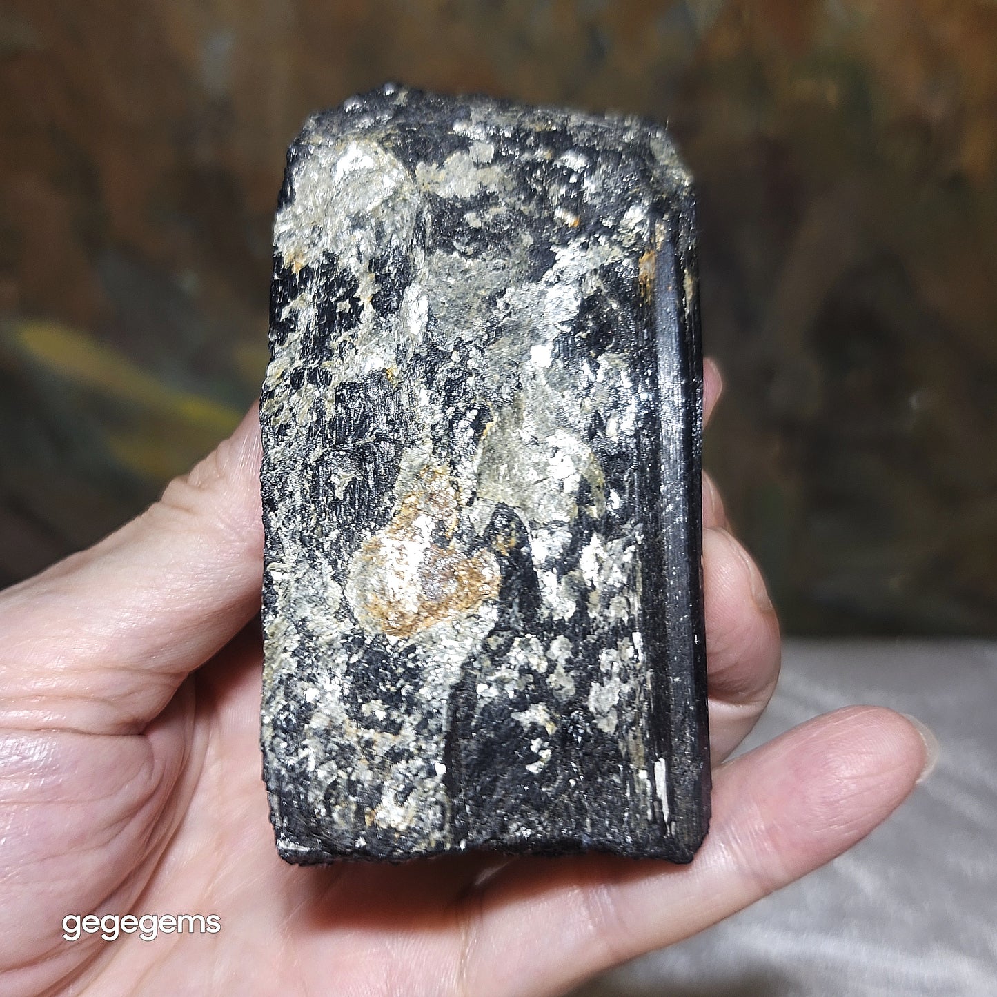 372g Raw Black Tourmaline with silvery Mica co-growth, very reflective surface handheld decor display [Natural Crystal] 天然黑碧玺原石带云母片超亮皮