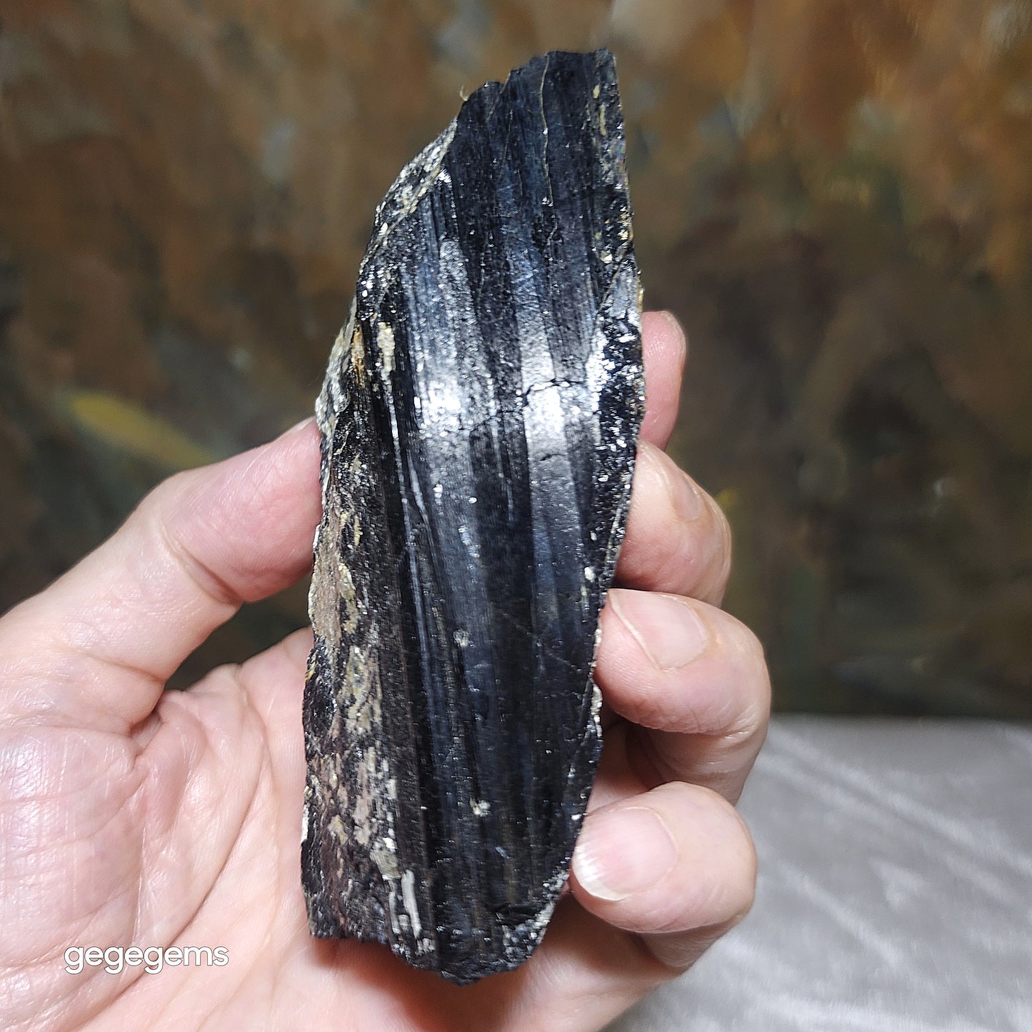 372g Raw Black Tourmaline with silvery Mica co-growth, very reflective surface handheld decor display [Natural Crystal] 天然黑碧玺原石带云母片超亮皮