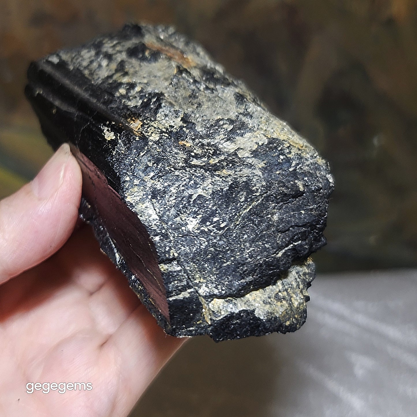 372g Raw Black Tourmaline with silvery Mica co-growth, very reflective surface handheld decor display [Natural Crystal] 天然黑碧玺原石带云母片超亮皮