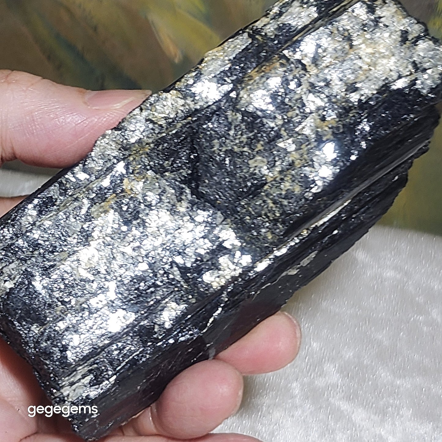 372g Raw Black Tourmaline with silvery Mica co-growth, very reflective surface handheld decor display [Natural Crystal] 天然黑碧玺原石带云母片超亮皮