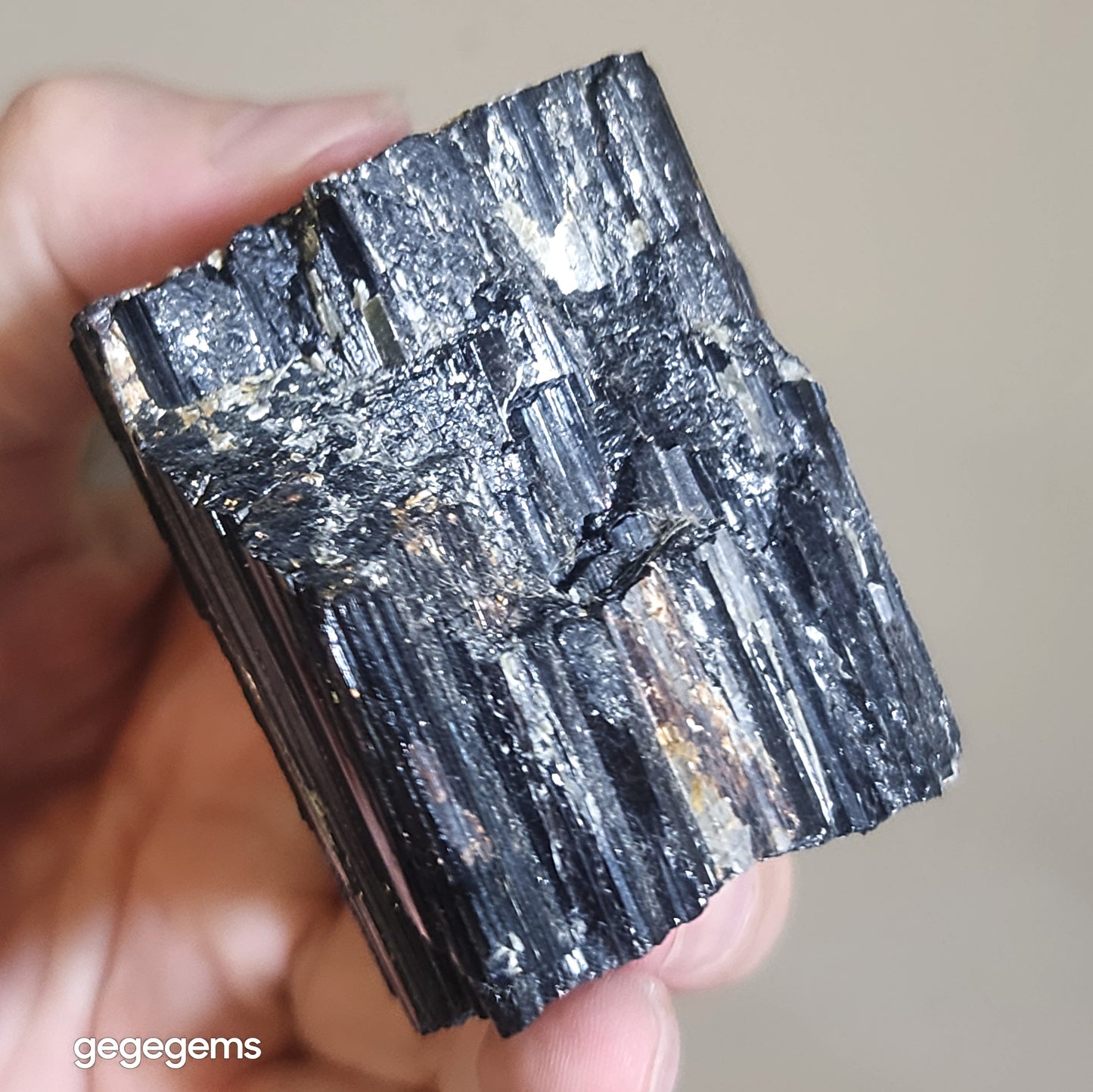 313g Raw Black Tourmaline with silvery Mica co-growth, very reflective surface handheld decor display [Natural Crystal] 天然黑碧玺原石带云母片超亮皮