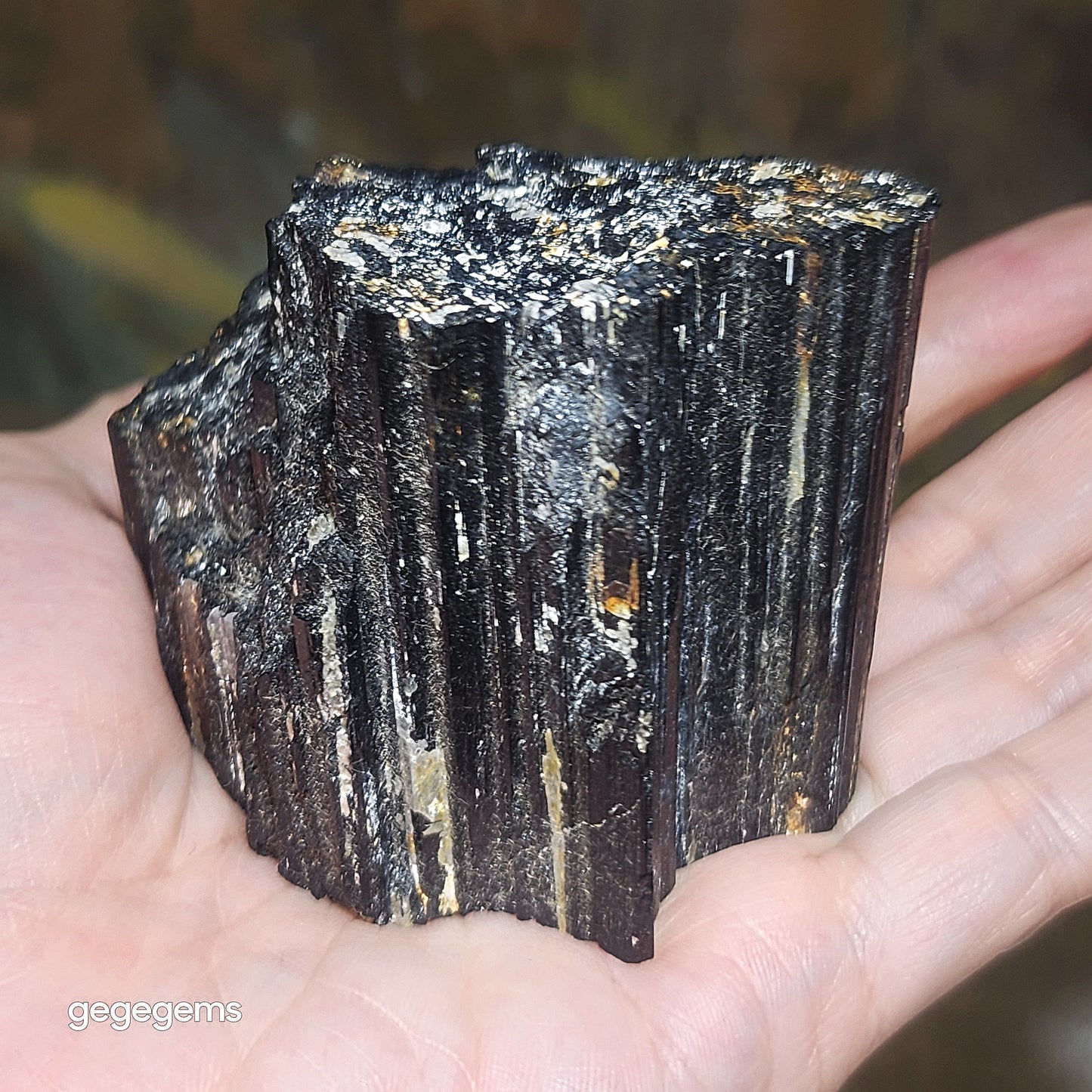 313g Raw Black Tourmaline with silvery Mica co-growth, very reflective surface handheld decor display [Natural Crystal] 天然黑碧玺原石带云母片超亮皮