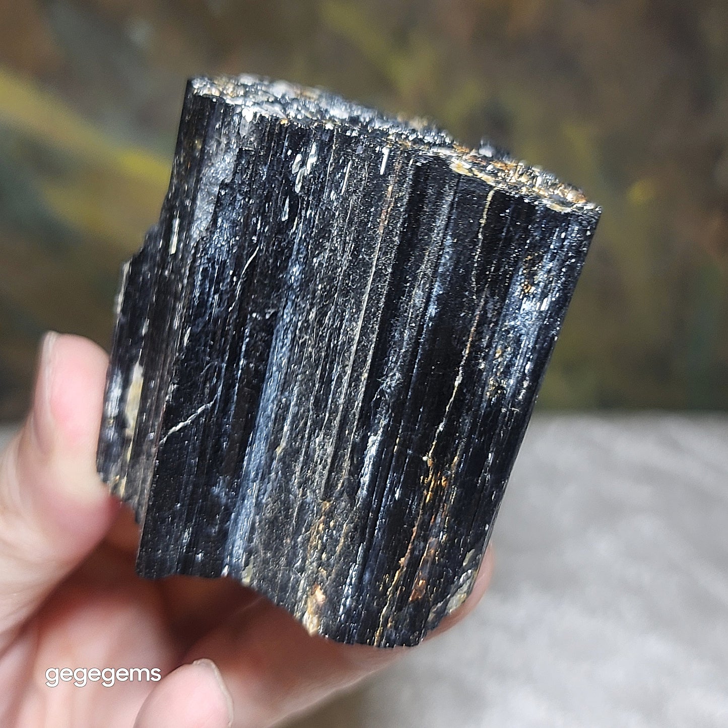 313g Raw Black Tourmaline with silvery Mica co-growth, very reflective surface handheld decor display [Natural Crystal] 天然黑碧玺原石带云母片超亮皮