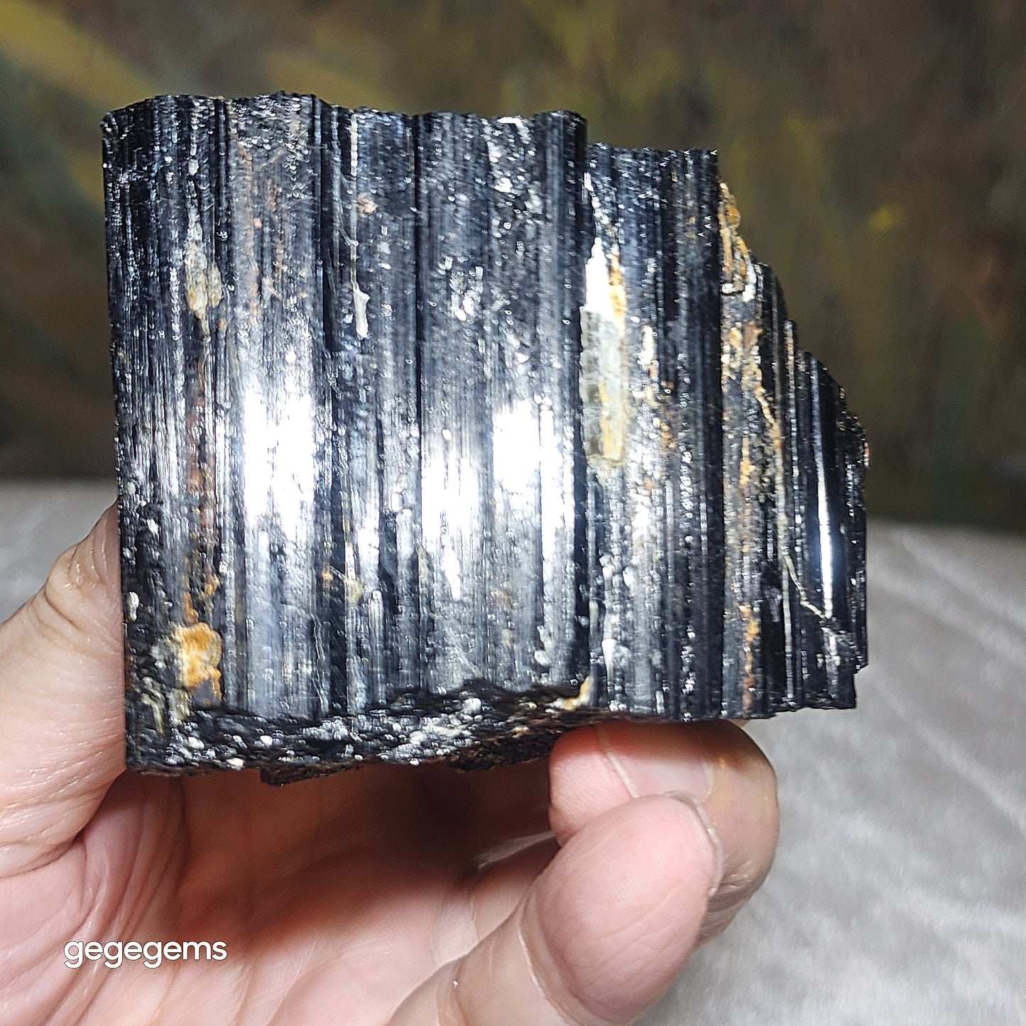 313g Raw Black Tourmaline with silvery Mica co-growth, very reflective surface handheld decor display [Natural Crystal] 天然黑碧玺原石带云母片超亮皮