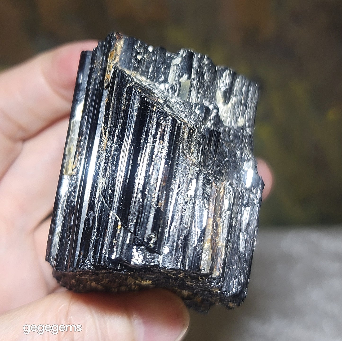 313g Raw Black Tourmaline with silvery Mica co-growth, very reflective surface handheld decor display [Natural Crystal] 天然黑碧玺原石带云母片超亮皮