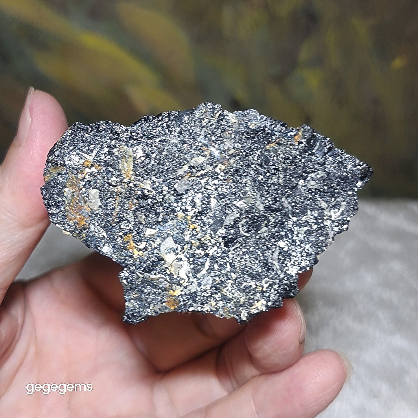 313g Raw Black Tourmaline with silvery Mica co-growth, very reflective surface handheld decor display [Natural Crystal] 天然黑碧玺原石带云母片超亮皮