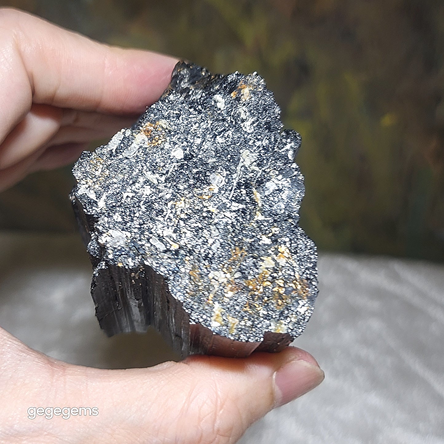 313g Raw Black Tourmaline with silvery Mica co-growth, very reflective surface handheld decor display [Natural Crystal] 天然黑碧玺原石带云母片超亮皮
