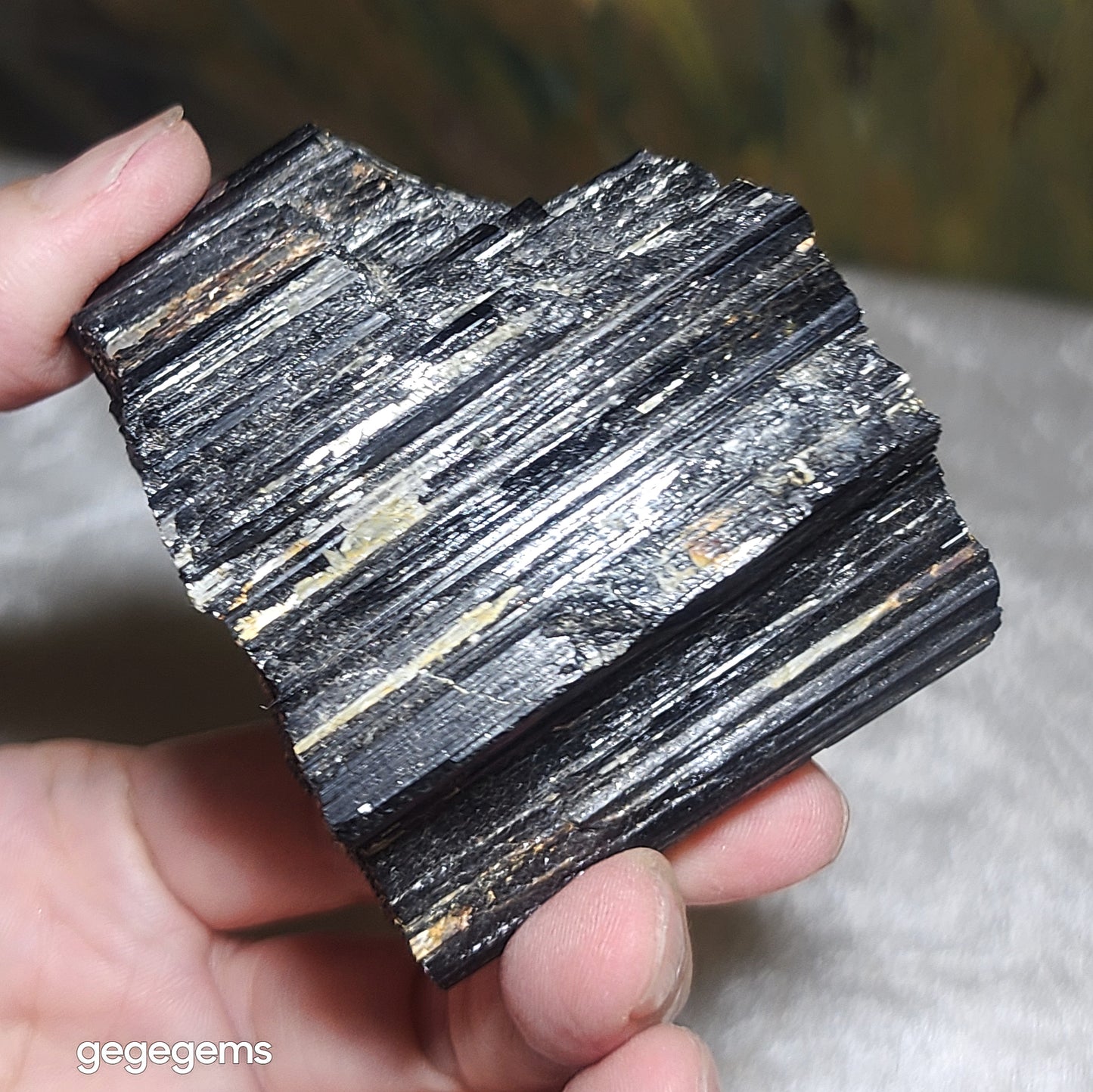 313g Raw Black Tourmaline with silvery Mica co-growth, very reflective surface handheld decor display [Natural Crystal] 天然黑碧玺原石带云母片超亮皮