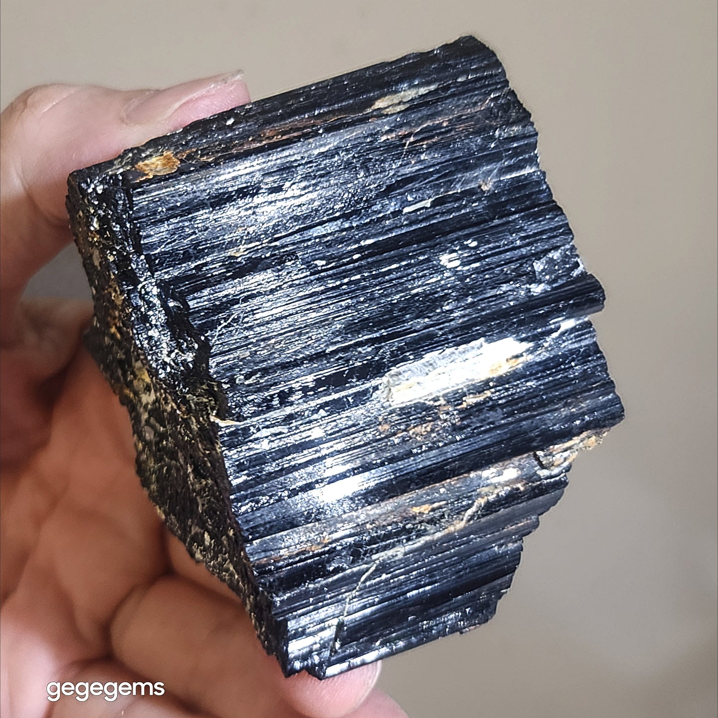 313g Raw Black Tourmaline with silvery Mica co-growth, very reflective surface handheld decor display [Natural Crystal] 天然黑碧玺原石带云母片超亮皮