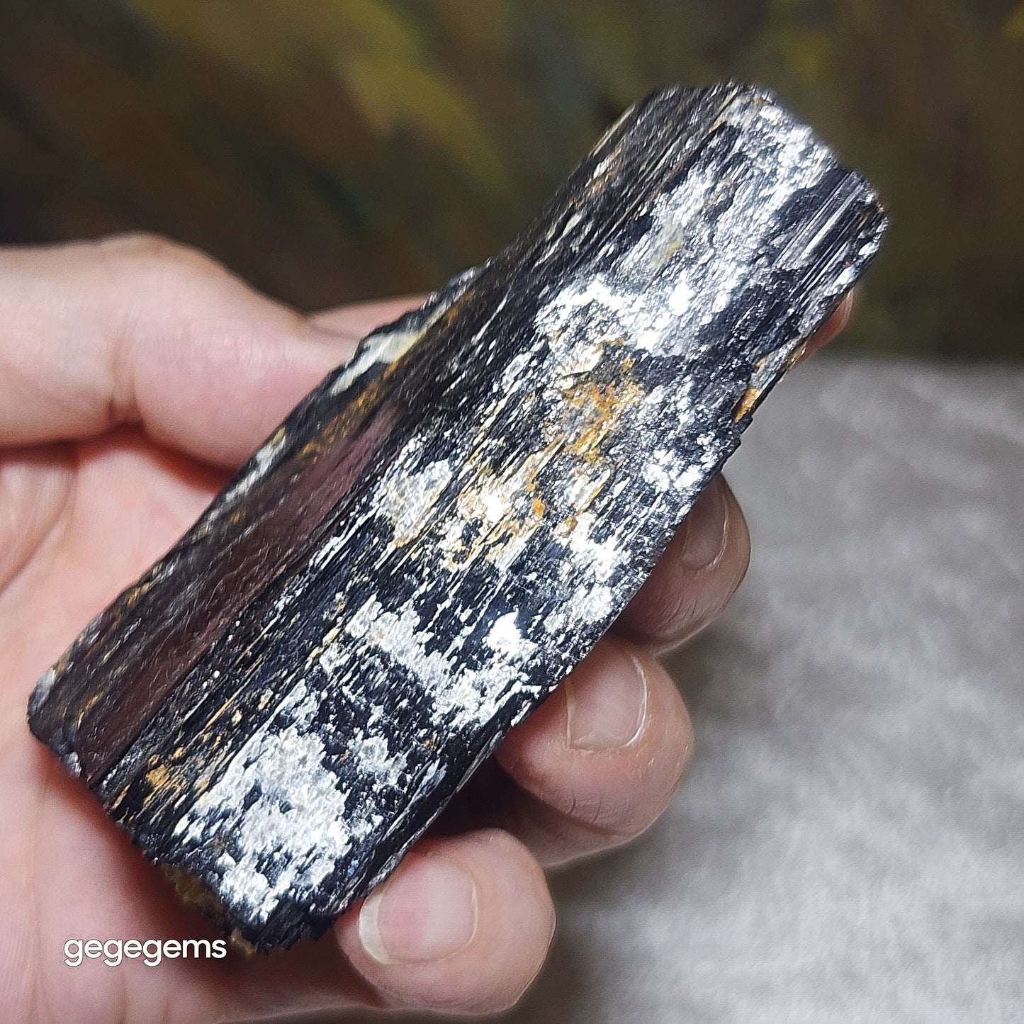 231g Raw Black Tourmaline with some silvery Mica co-growth, very reflective surface handheld decor display 天然黑碧玺原石带云母片超亮皮手把摆件