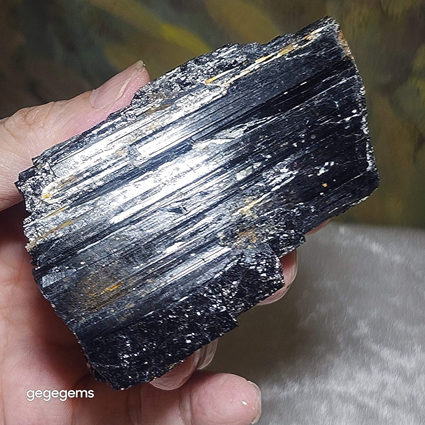231g Raw Black Tourmaline with some silvery Mica co-growth, very reflective surface handheld decor display 天然黑碧玺原石带云母片超亮皮手把摆件