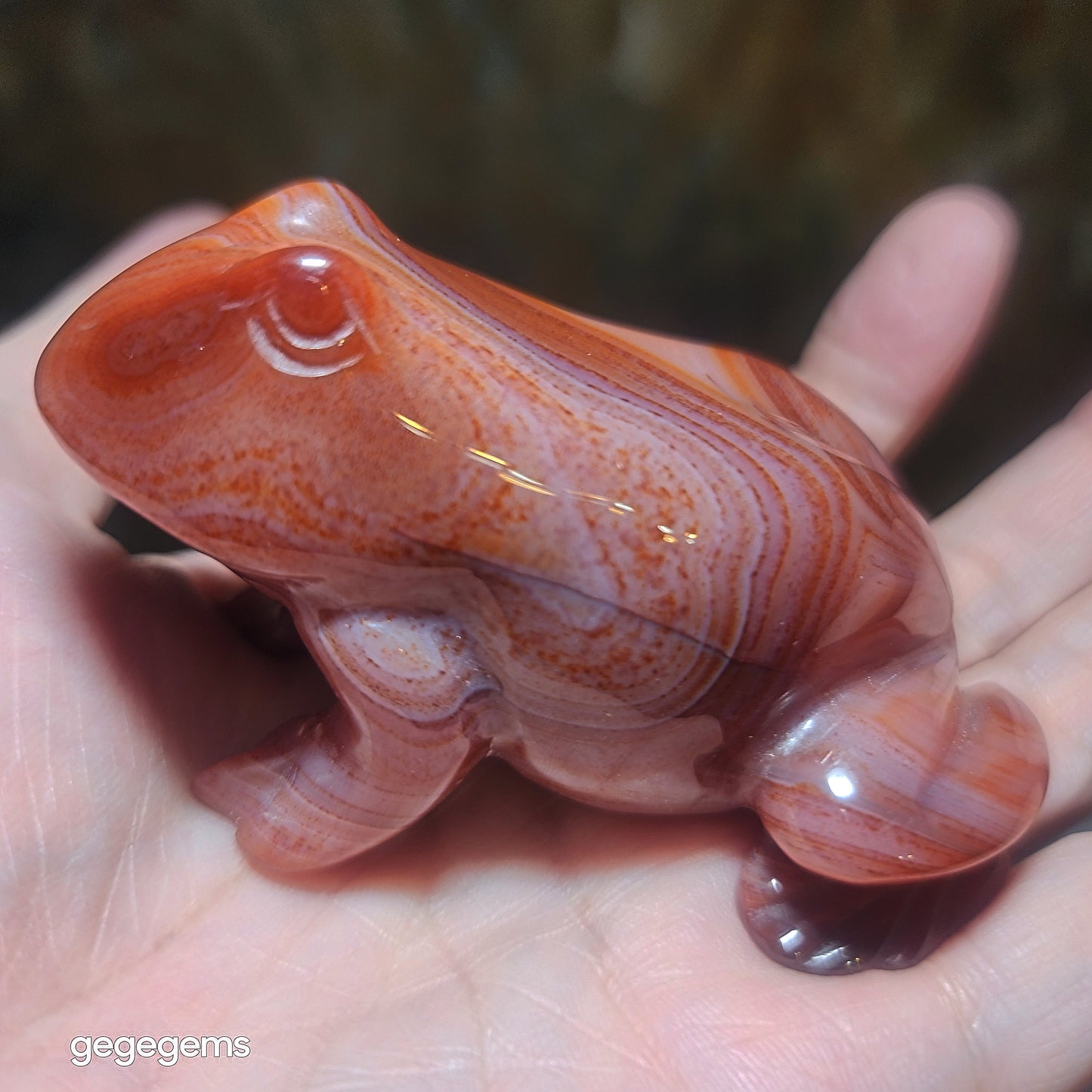 Gegegems premium natural Sardonyx 3 dimensional Frog handheld display [Natural crystal] 精品天然缠丝玛瑙立体青蛙把件摆件