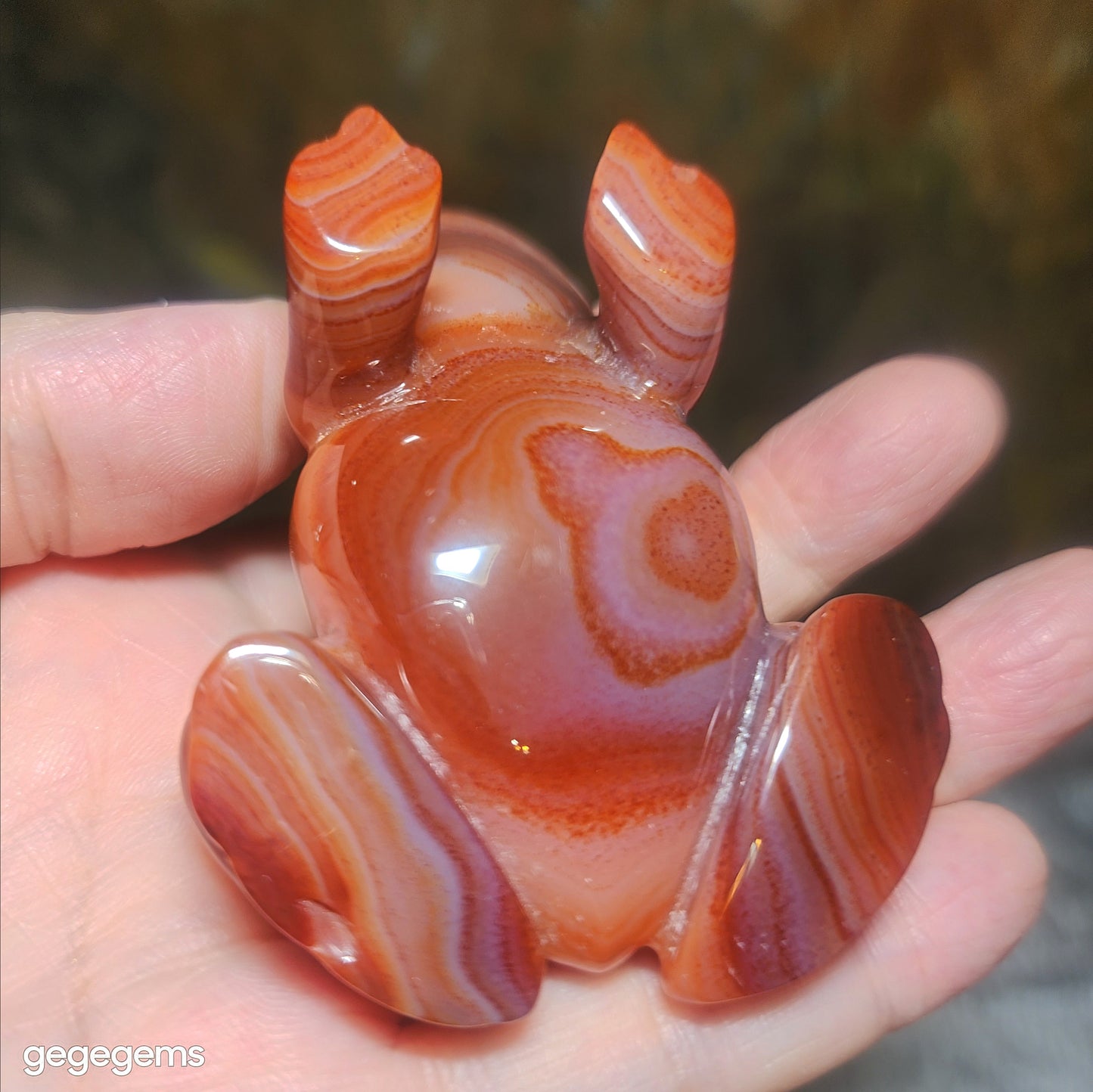 Gegegems premium natural Sardonyx 3 dimensional Frog handheld display [Natural crystal] 精品天然缠丝玛瑙立体青蛙把件摆件