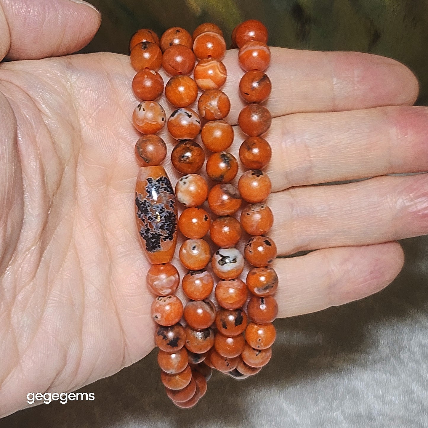 Gegegems Creation premium 8.2mm  Baoshan Nan Hong white Lianpu 108 beads & Kunming Nan Hong barrel bead necklace [Natural Crystal] 精品保山南紅満色白脸谱108配云南昆明南红桶珠项链