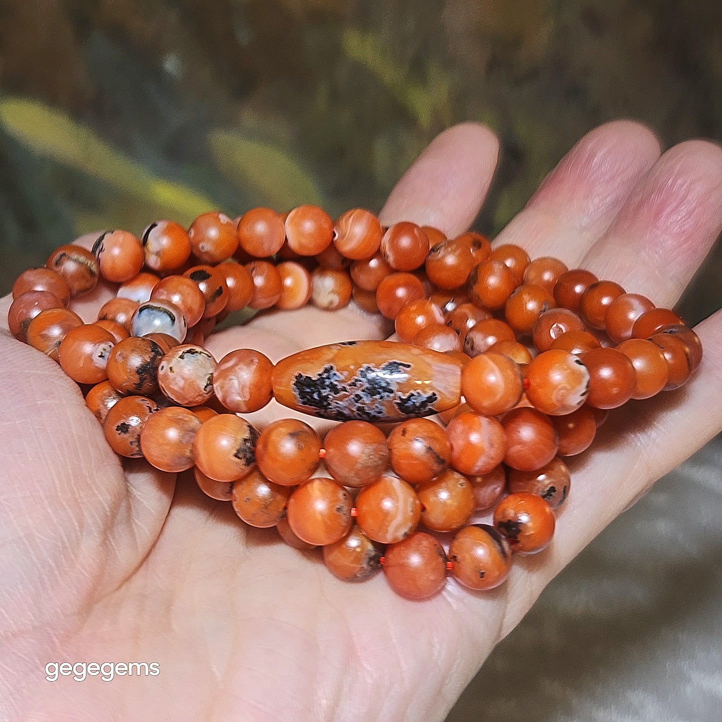 Gegegems Creation premium 8.2mm  Baoshan Nan Hong white Lianpu 108 beads & Kunming Nan Hong barrel bead necklace [Natural Crystal] 精品保山南紅満色白脸谱108配云南昆明南红桶珠项链
