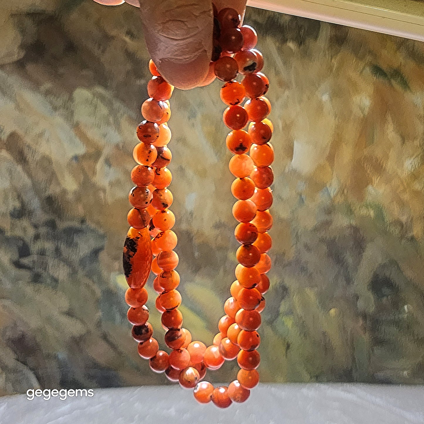 Gegegems Creation premium 8.2mm  Baoshan Nan Hong white Lianpu 108 beads & Kunming Nan Hong barrel bead necklace [Natural Crystal] 精品保山南紅満色白脸谱108配云南昆明南红桶珠项链