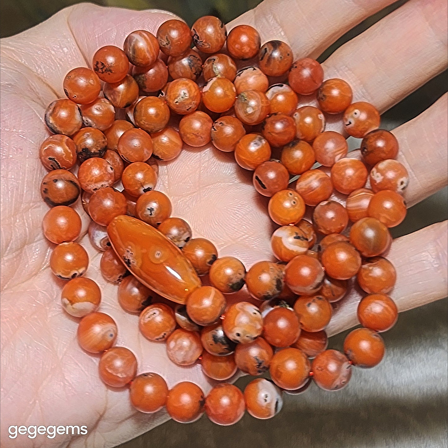 Gegegems Creation premium 8.2mm  Baoshan Nan Hong white Lianpu 108 beads & Kunming Nan Hong barrel bead necklace [Natural Crystal] 精品保山南紅満色白脸谱108配云南昆明南红桶珠项链