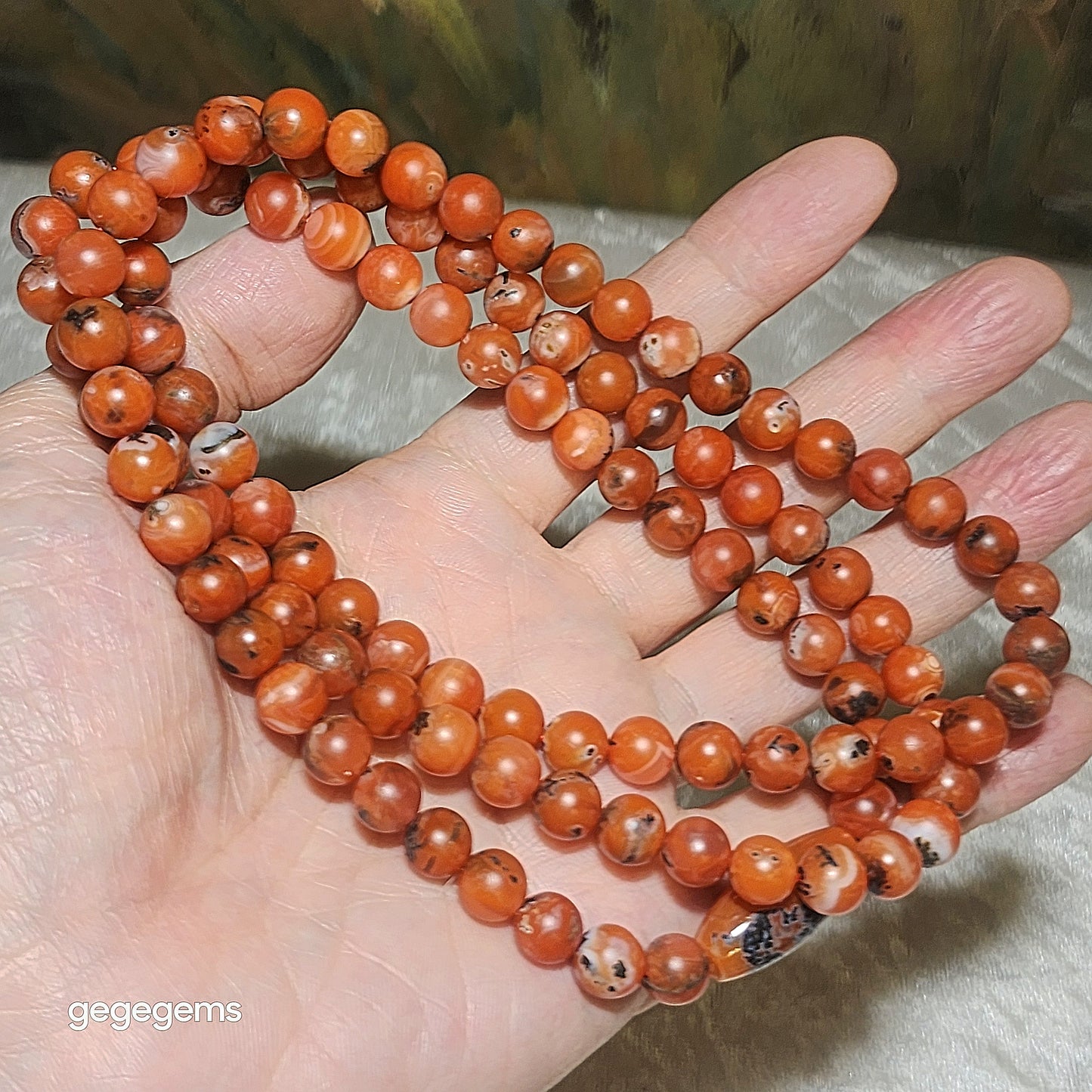 Gegegems Creation premium 8.2mm  Baoshan Nan Hong white Lianpu 108 beads & Kunming Nan Hong barrel bead necklace [Natural Crystal] 精品保山南紅満色白脸谱108配云南昆明南红桶珠项链