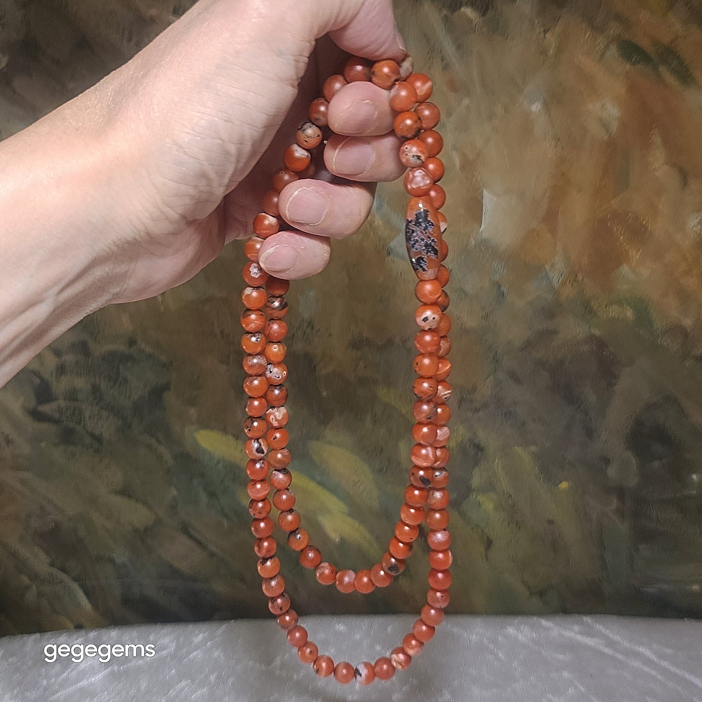 Gegegems Creation premium 8.2mm  Baoshan Nan Hong white Lianpu 108 beads & Kunming Nan Hong barrel bead necklace [Natural Crystal] 精品保山南紅満色白脸谱108配云南昆明南红桶珠项链