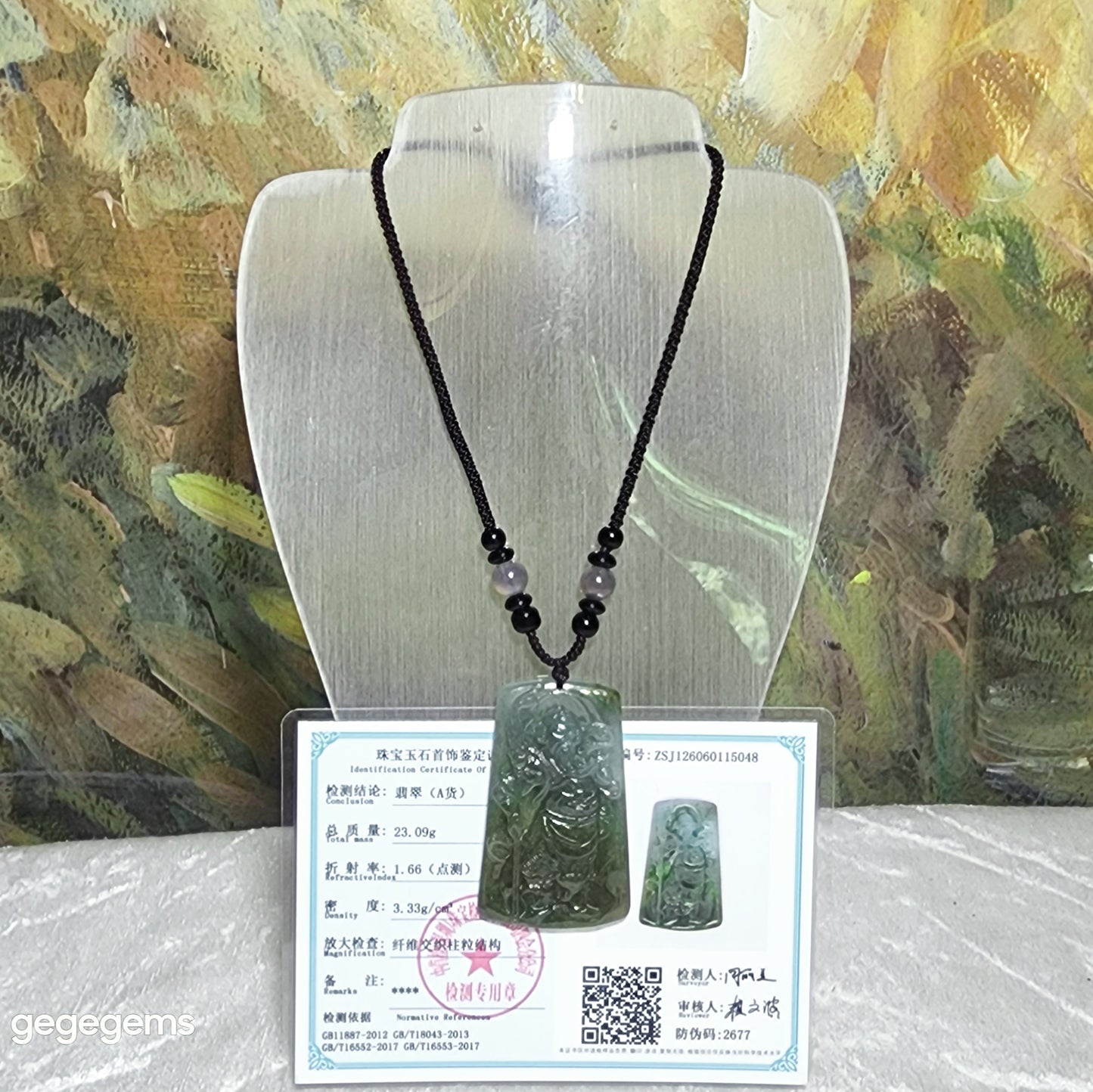 Premium Type A Yellow Jadeite light green Guan Gong (Guan Yu) Jade pendant (with certificate) [Natual Crystal] 优质翡翠黄翡A货淡绿关公吊坠(带证书)