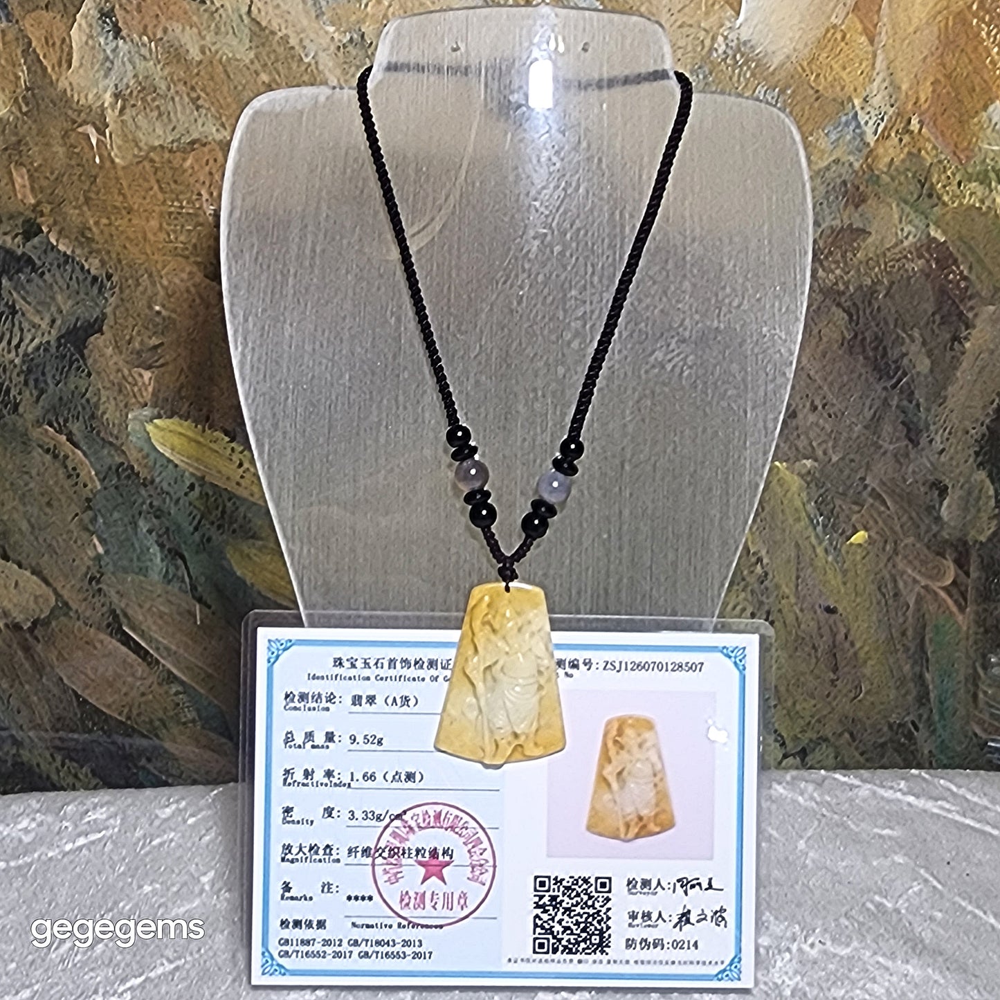 Gegegems premium Type A natural Yellow Jadeite Guan Gong (Guan Yu) Jade pendant (with certificate) [Natual Crystal] 精品翡翠A货天然黄翡关公吊坠(带证书)