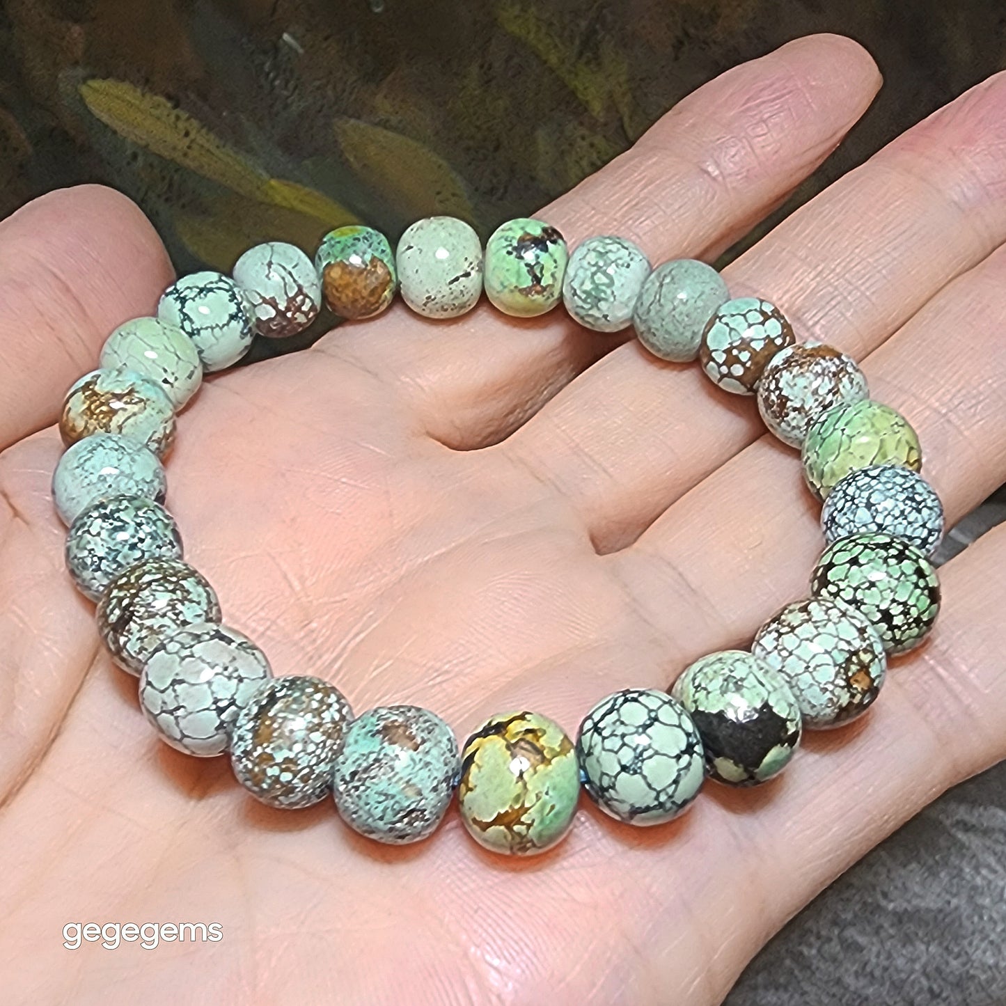 9mm+ Premium natural untreated Hubei Turquoise traditional old style beads bracelet [Natural Crystal] 优质22克天然原矿湖北松石老型珠手链