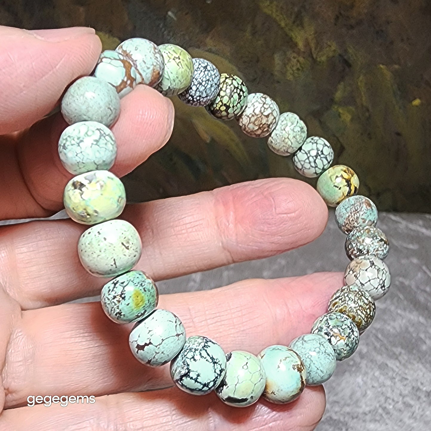 9mm+ Premium natural untreated Hubei Turquoise traditional old style beads bracelet [Natural Crystal] 优质22克天然原矿湖北松石老型珠手链