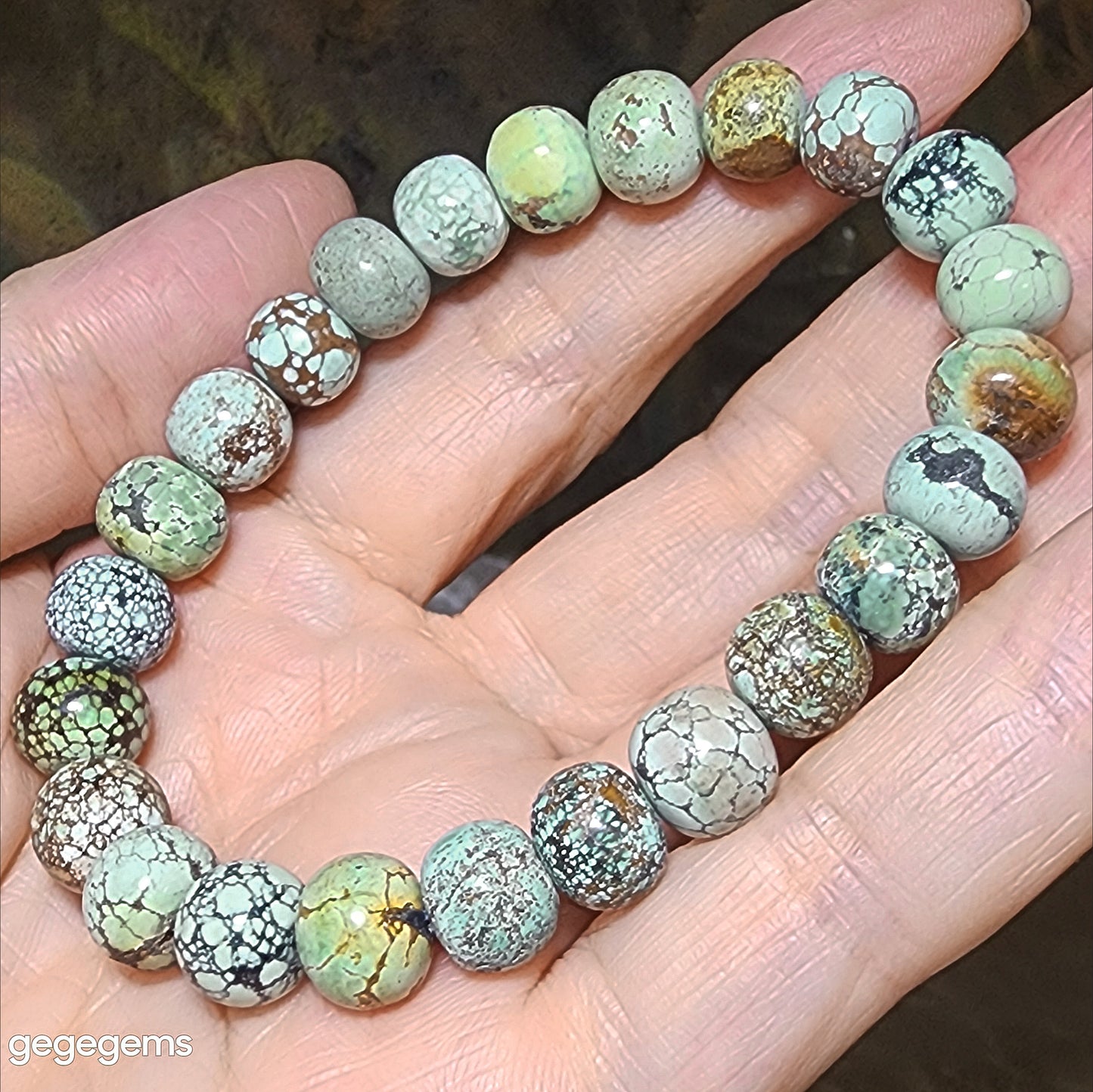 9mm+ Premium natural untreated Hubei Turquoise traditional old style beads bracelet [Natural Crystal] 优质22克天然原矿湖北松石老型珠手链