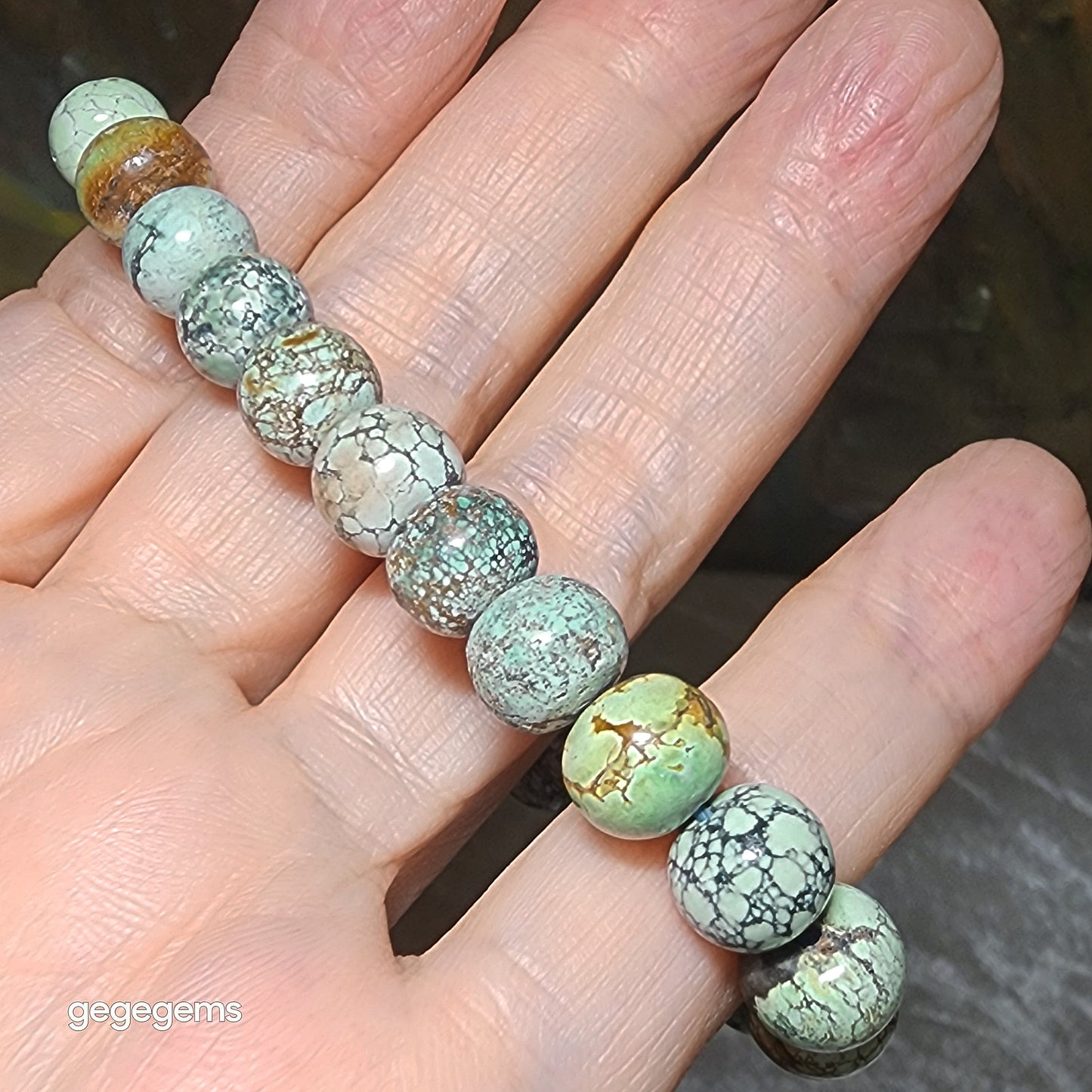 9mm+ Premium natural untreated Hubei Turquoise traditional old style beads bracelet [Natural Crystal] 优质22克天然原矿湖北松石老型珠手链