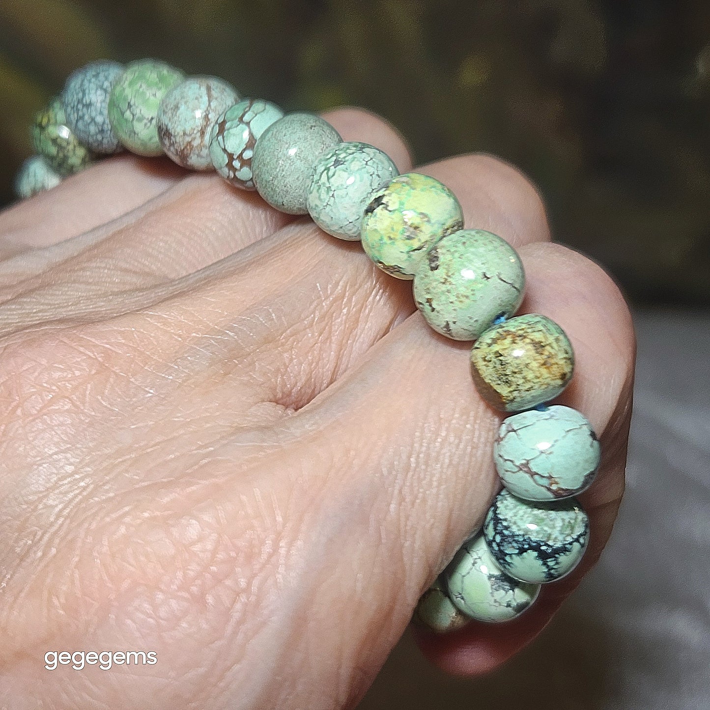 9mm+ Premium natural untreated Hubei Turquoise traditional old style beads bracelet [Natural Crystal] 优质22克天然原矿湖北松石老型珠手链