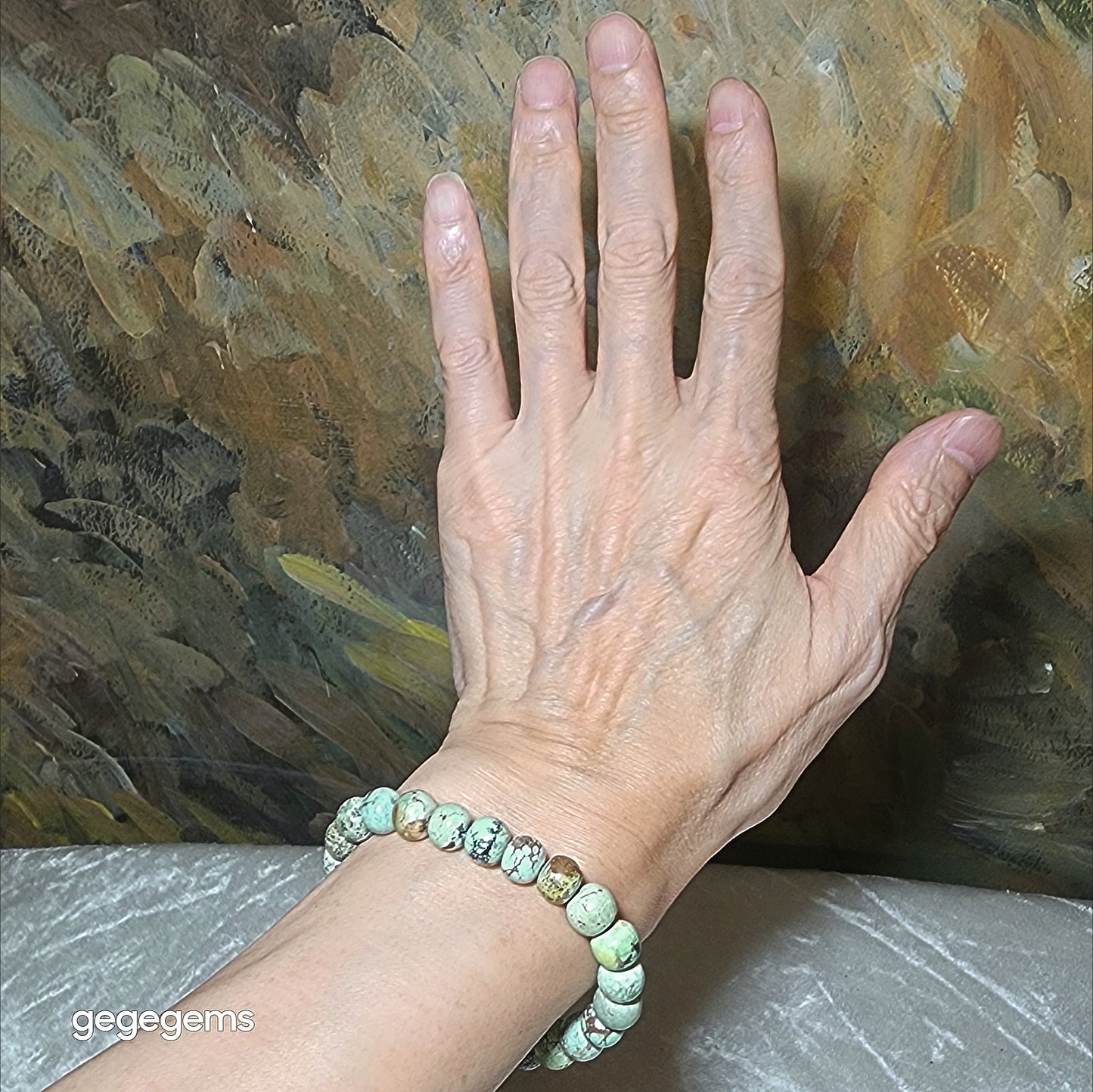 9mm+ Premium natural untreated Hubei Turquoise traditional old style beads bracelet [Natural Crystal] 优质22克天然原矿湖北松石老型珠手链