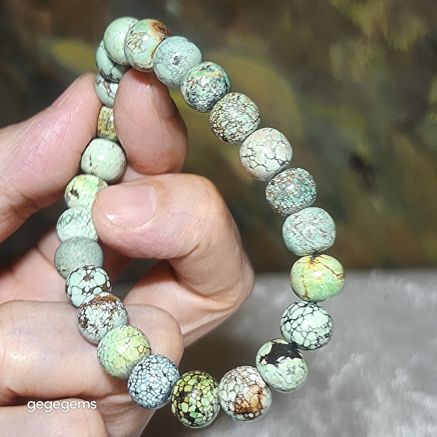9mm+ Premium natural untreated Hubei Turquoise traditional old style beads bracelet [Natural Crystal] 优质22克天然原矿湖北松石老型珠手链