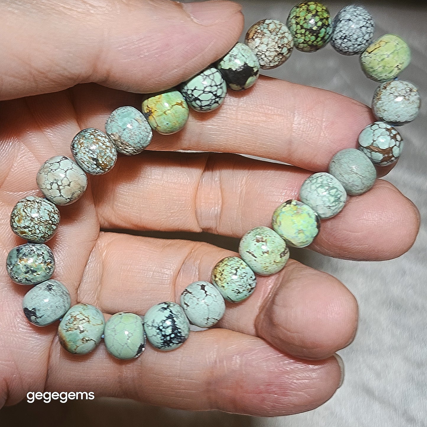 9mm+ Premium natural untreated Hubei Turquoise traditional old style beads bracelet [Natural Crystal] 优质22克天然原矿湖北松石老型珠手链