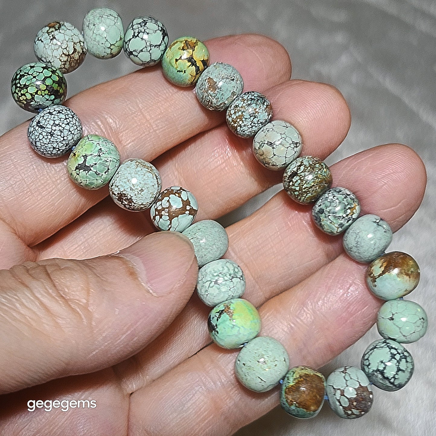 9mm+ Premium natural untreated Hubei Turquoise traditional old style beads bracelet [Natural Crystal] 优质22克天然原矿湖北松石老型珠手链
