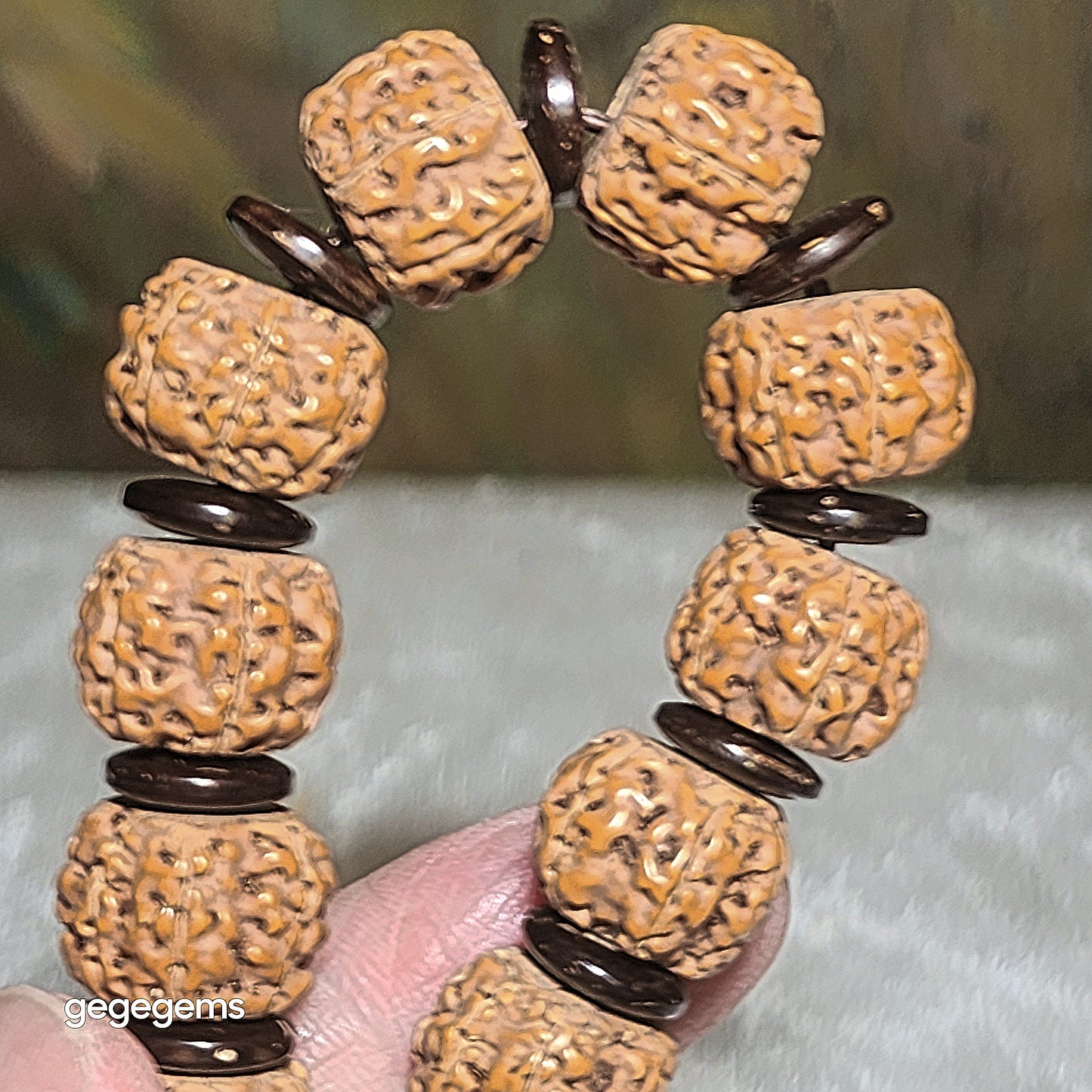 Gegegems premium 14mm Small Species Rudraksha "First Generation Pan Long (Coiling Dragon)" Tibetan cut with 10mm natural coconut shell spacers bracelet 精品大尺寸藏切一代盘龙小金刚菩提子配天然椰壳隔片手链
