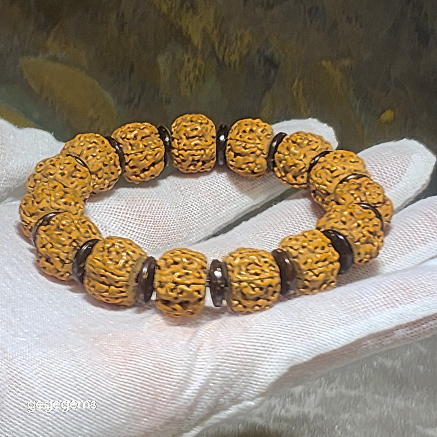 Gegegems premium 14mm Small Species Rudraksha "First Generation Pan Long (Coiling Dragon)" Tibetan cut with 10mm natural coconut shell spacers bracelet 精品大尺寸藏切一代盘龙小金刚菩提子配天然椰壳隔片手链