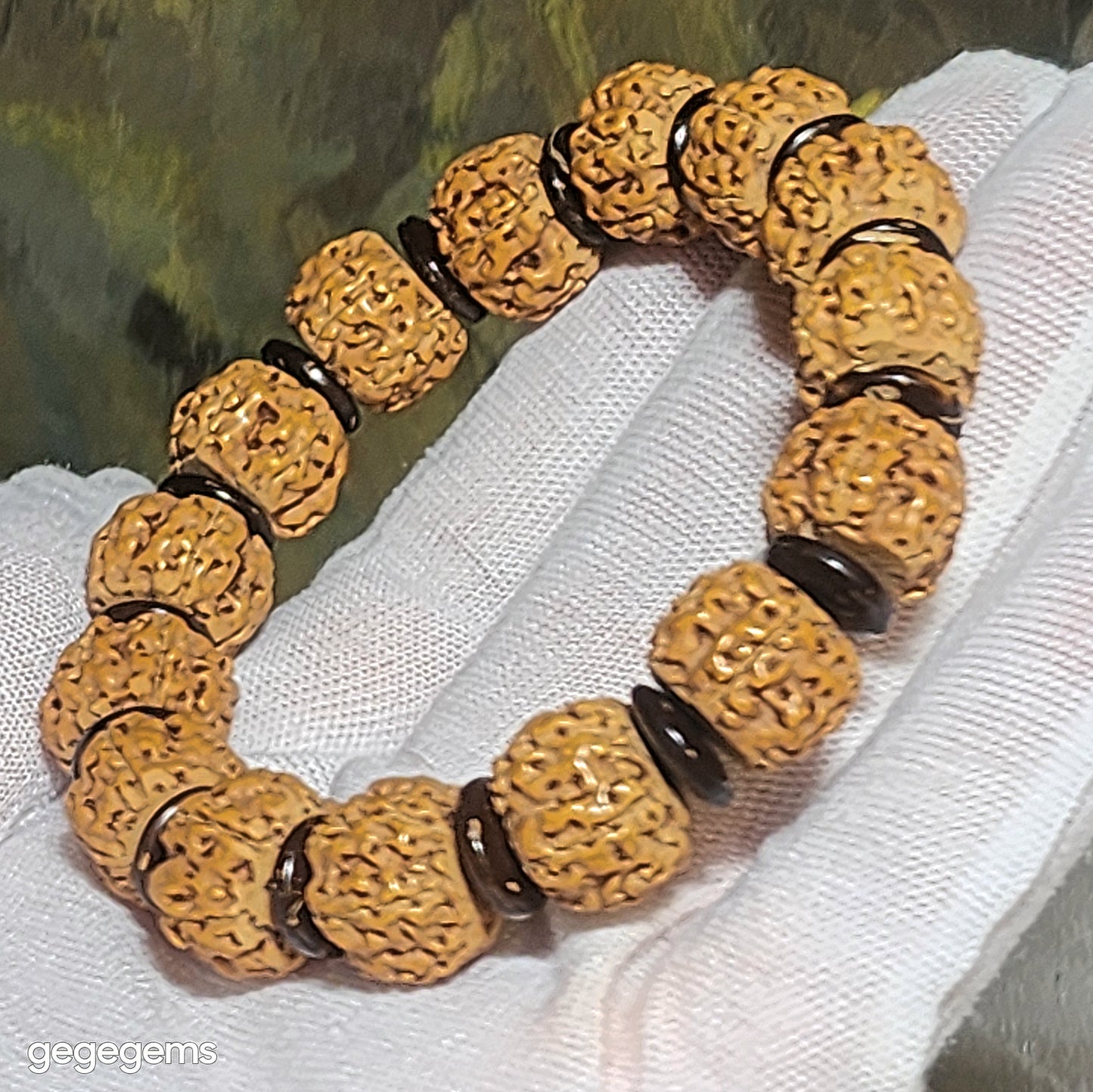 Gegegems premium 14mm Small Species Rudraksha "First Generation Pan Long (Coiling Dragon)" Tibetan cut with 10mm natural coconut shell spacers bracelet 精品大尺寸藏切一代盘龙小金刚菩提子配天然椰壳隔片手链