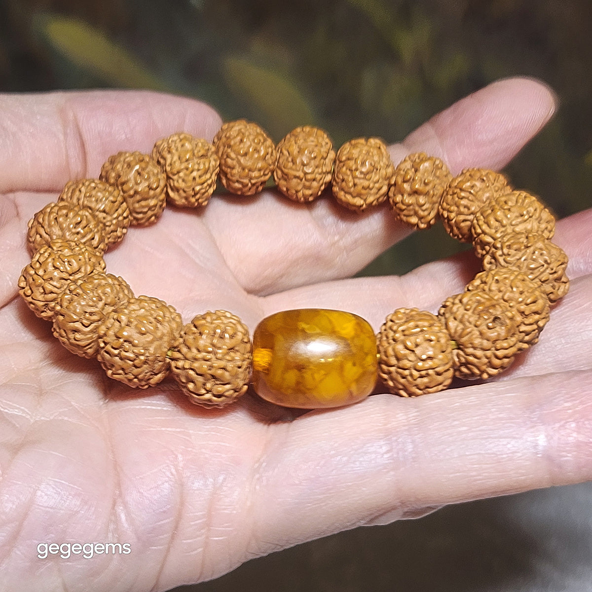 Premium 12mm+ natural "Panlong" (Coiling Dragon) 9 Mukhi (faces) small species Rudraksha and natural Butterscotch Amber barrel bead bracelet 精品九瓣盘龙小金刚菩提子配蜜腊桶珠手链