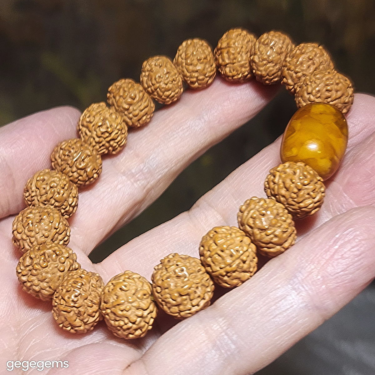 Premium 12mm+ natural "Panlong" (Coiling Dragon) 9 Mukhi (faces) small species Rudraksha and natural Butterscotch Amber barrel bead bracelet 精品九瓣盘龙小金刚菩提子配蜜腊桶珠手链
