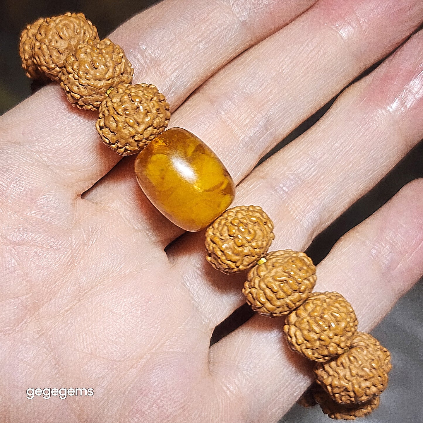Premium 12mm+ natural "Panlong" (Coiling Dragon) 9 Mukhi (faces) small species Rudraksha and natural Butterscotch Amber barrel bead bracelet 精品九瓣盘龙小金刚菩提子配蜜腊桶珠手链
