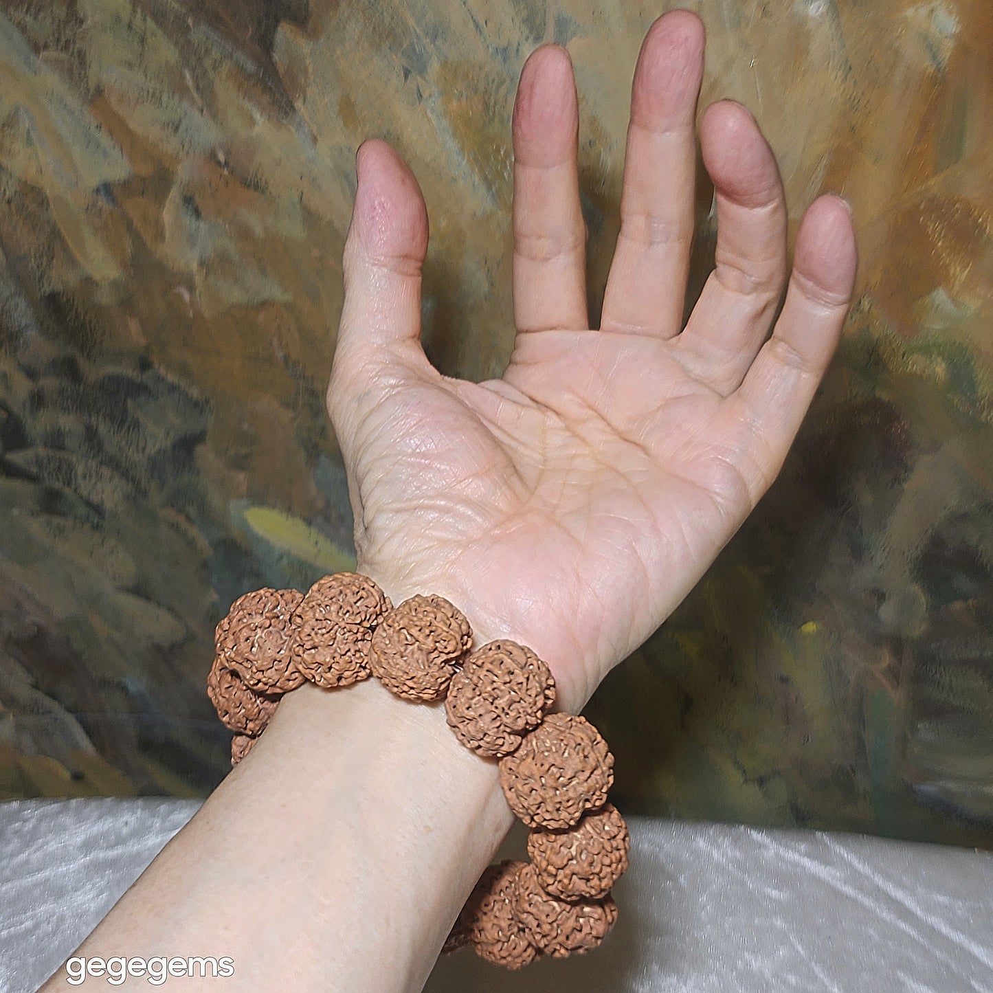Gegegems XL 24mm+ to 25mm premium natural Nepal Rudraksha from high altitude dense & high oil contents same tree flat top & bottom Honeycomb Needle Holes  Panlong 5 Mukhi (faces) bracelet 精品大尺寸原生态尼泊尔五瓣高山安娜同树铁籽平头平尾针孔蜂窝盘龙大金刚菩提子手链