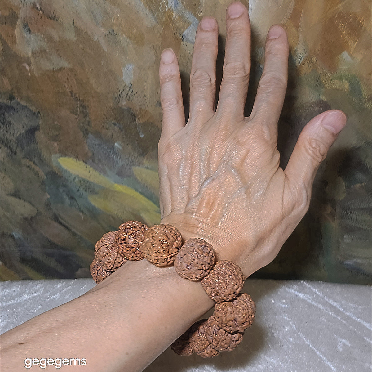 Gegegems XL 23mm+ to 24mm premium natural Nepal Rudraksha 5 Mukhi (faces) pink skin from high altitude dense & high oil contents same tree Double Dragons Panlong bracelet 精品大尺寸原生态尼泊尔五瓣高山安娜同树铁籽粉红皮双龙盘龙大金刚菩提子手链