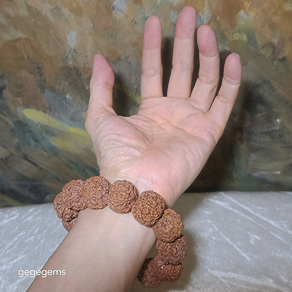 Gegegems XL 23mm+ to 24mm premium natural Nepal Rudraksha 5 Mukhi (faces) pink skin from high altitude dense & high oil contents same tree Double Dragons Panlong bracelet 精品大尺寸原生态尼泊尔五瓣高山安娜同树铁籽粉红皮双龙盘龙大金刚菩提子手链