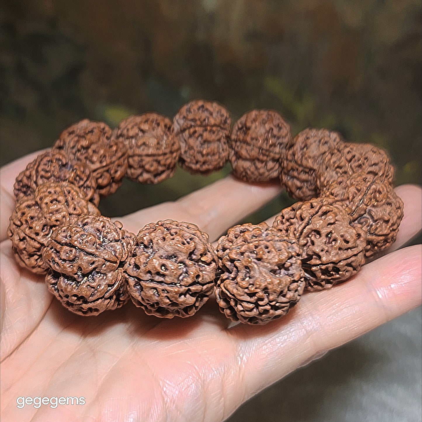 Gegegems XL 23.5 to 24mm+ premium natural Nepal Rudraksha high altitude (dense & high natural oil contents) pinkish same tree both sides Plum Flower Needle holes Honeycomb Double Dragons 5 Mukhi bracelet 精品大尺寸尼泊尔五瓣高山安娜籽粉红皮同树双面梅花针孔蜂窝双龙大金刚菩提子手链