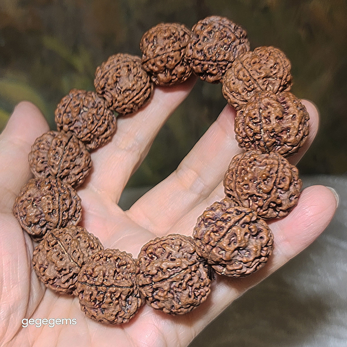 Gegegems XL 23.5 to 24mm+ premium natural Nepal Rudraksha high altitude (dense & high natural oil contents) pinkish same tree both sides Plum Flower Needle holes Honeycomb Double Dragons 5 Mukhi bracelet 精品大尺寸尼泊尔五瓣高山安娜籽粉红皮同树双面梅花针孔蜂窝双龙大金刚菩提子手链