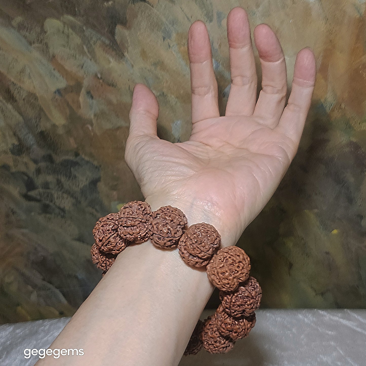 Gegegems XL 23.5 to 24mm+ premium natural Nepal Rudraksha high altitude (dense & high natural oil contents) pinkish same tree both sides Plum Flower Needle holes Honeycomb Double Dragons 5 Mukhi bracelet 精品大尺寸尼泊尔五瓣高山安娜籽粉红皮同树双面梅花针孔蜂窝双龙大金刚菩提子手链